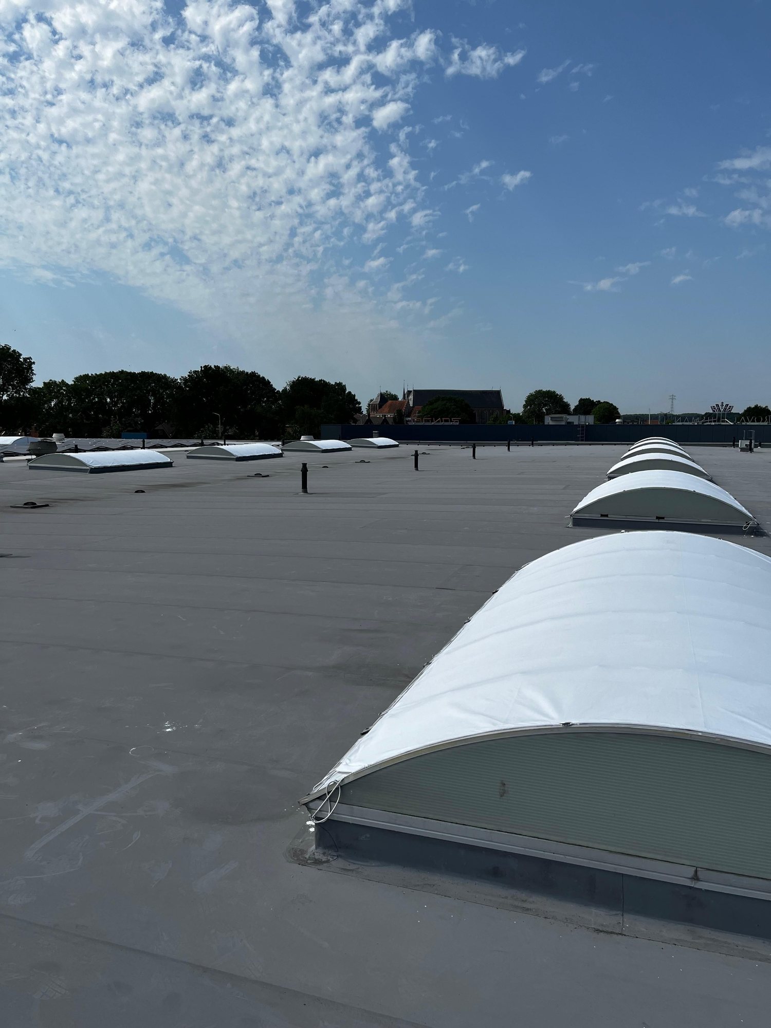 Overzicht plat bedrijfsdak met meerdere witte kunststof lichtstraten, Royal Huisman
