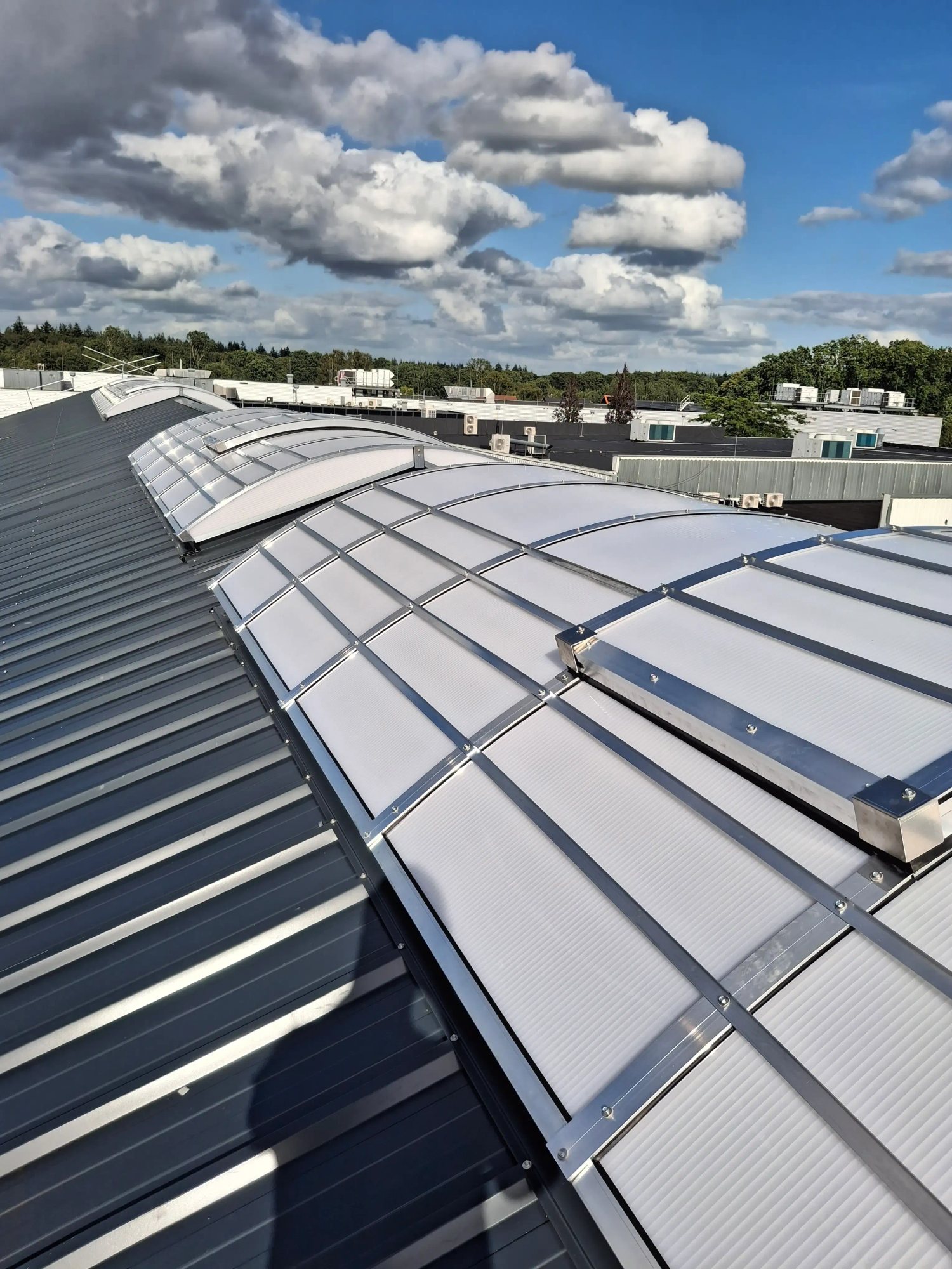 Groot industrieel dak met lichtstraten en rookluiken
